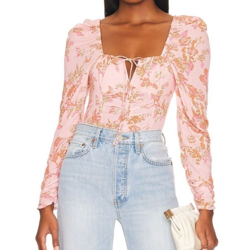 Free People Pink Floral Square-Neck Long Sleeve Blouse